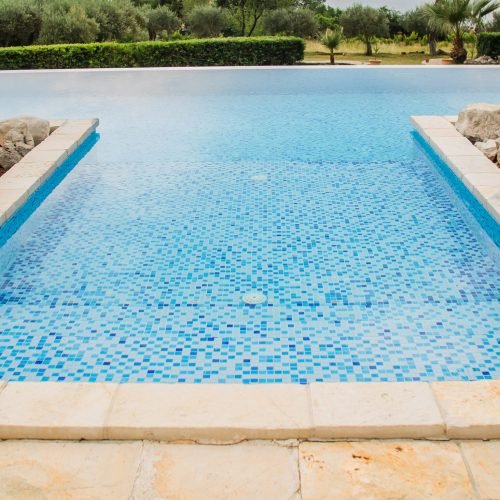 piscina infinita en el jardín con zona para tomar el sol